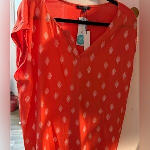 Papermoon Coral Mixed Media V-Neck Short Sleeve Blouse